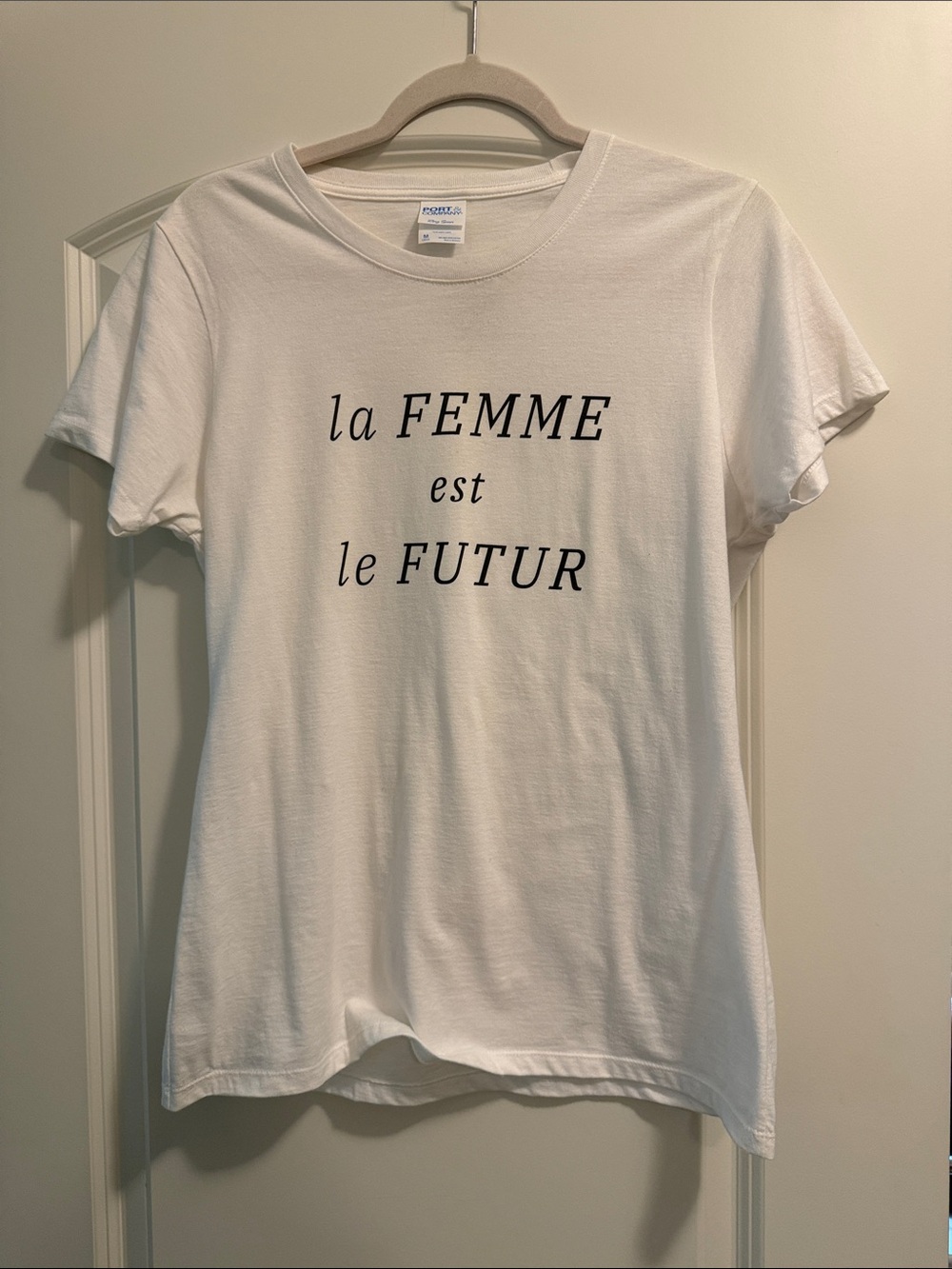 Port and Company White Short-Sleeve Tee with Black French Text